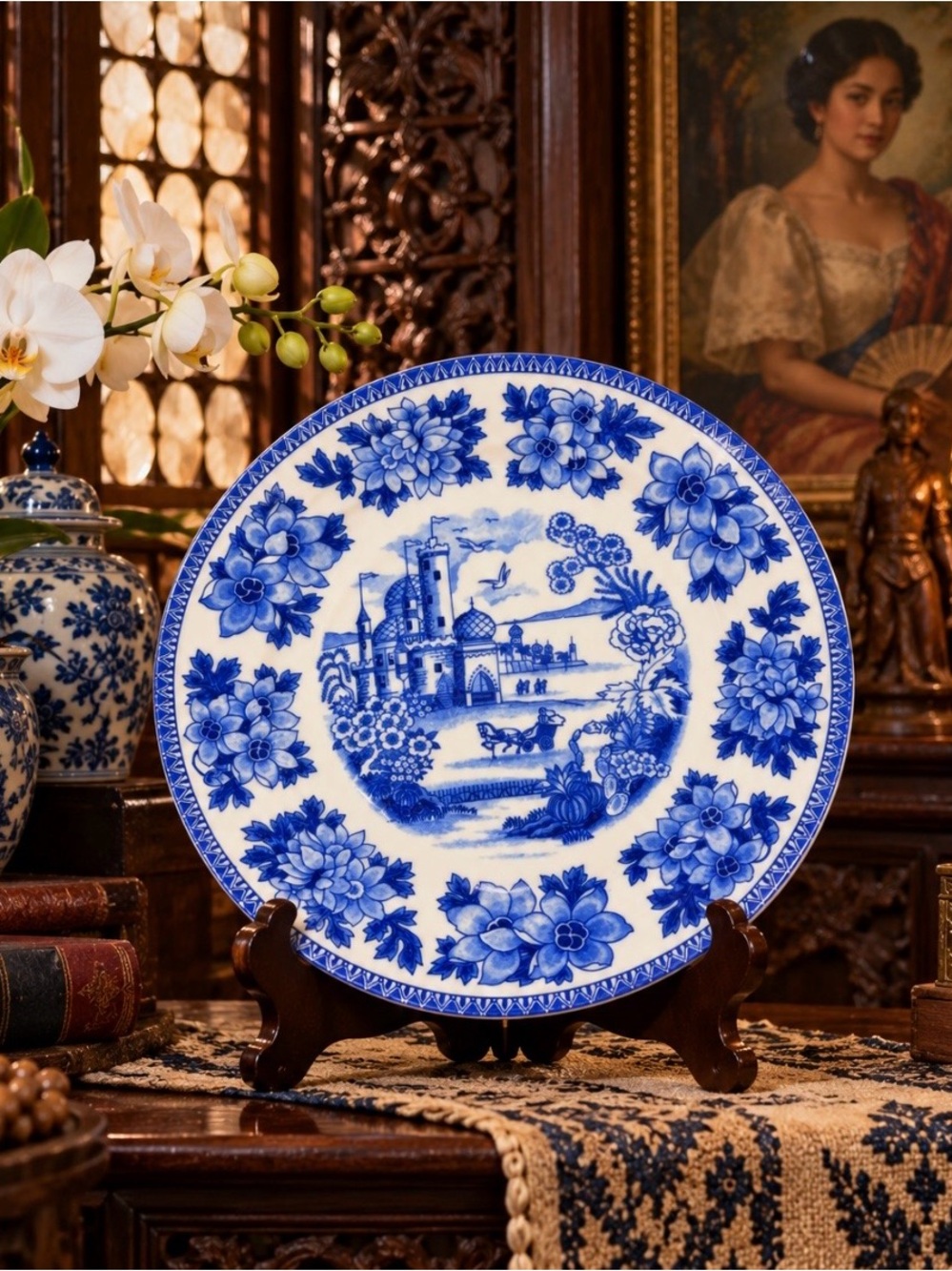 Vintage TA Japan Blue White Transferware Chinoiserie Plate 9 Inch
